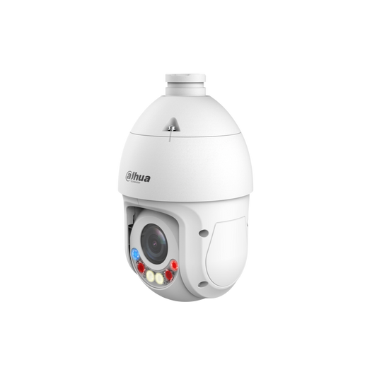 Witte Dahua TiOC PTZ-beveiligingscamera met 8MP lens, rode en blauwe waarschuwingslichten en robuuste IP66-behuizing.
