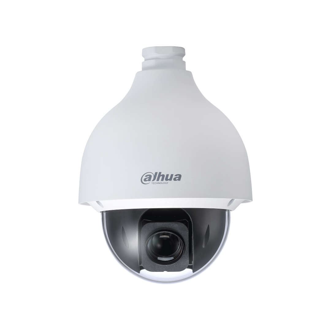 Witte Dahua SD50225DB-HNY PTZ speeddome camera met zwarte lenskap en robuuste behuizing voor professionele bewaking.