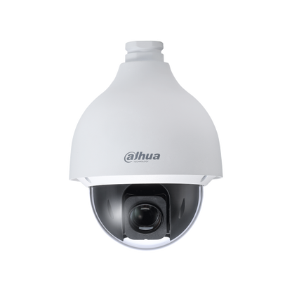 Witte Dahua SD50225DB-HNY PTZ speeddome camera met zwarte lenskap en robuuste behuizing voor professionele bewaking.