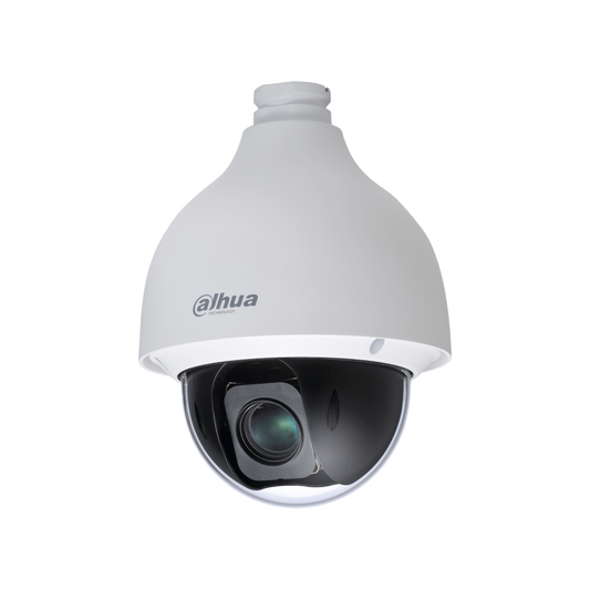 Witte Dahua SD50225DB-HNY PTZ-speeddomecamera met zwarte lensbol en robuuste behuizing voor professionele bewaking.