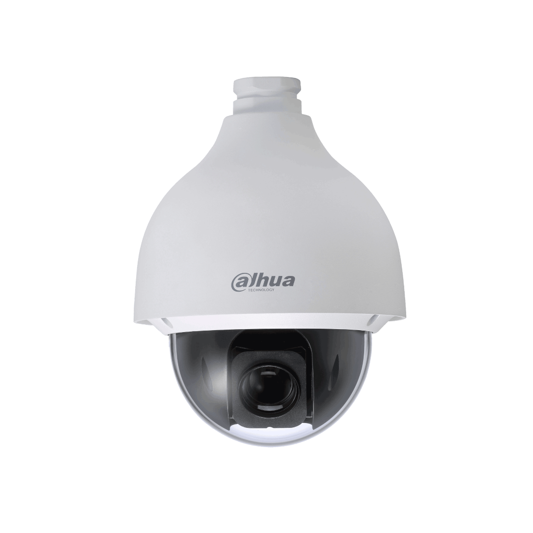 Witte Dahua PTZ-domecamera met 32x optische zoom en zwarte lens in een robuuste, weerbestendige behuizing.