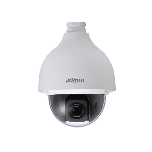 Witte Dahua PTZ-domecamera met 32x optische zoom en zwarte lens in een robuuste, weerbestendige behuizing.