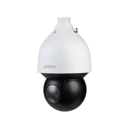 Witte Dahua SD5A225GB-HNR PTZ-beveiligingscamera met zwarte lensbehuizing voor buitenmontage.