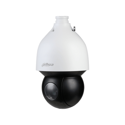 Witte Dahua PTZ-beveiligingscamera met zwarte lensbehuizing en robuust design voor buitengebruik.