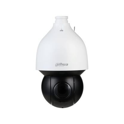 Witte Dahua PTZ-beveiligingscamera met zwarte lensbehuizing, 25x optische zoom en robuust weerbestendig ontwerp.