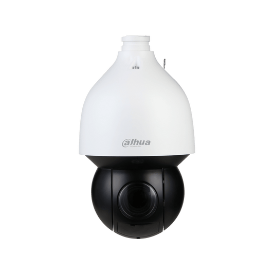 Witte Dahua PTZ-beveiligingscamera met zwarte lensbehuizing, 25x optische zoom en robuust weerbestendig ontwerp.