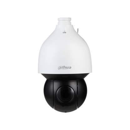 Witte Dahua PTZ-beveiligingscamera met zwarte lensbehuizing voor buiten, geschikt voor langeafstands-videobewaking.