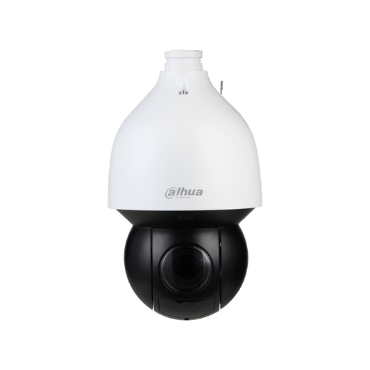 Witte Dahua PTZ-beveiligingscamera met zwarte lensbehuizing voor buiten, geschikt voor langeafstands-videobewaking.