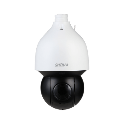 Dahua PTZ-beveiligingscamera met witte behuizing en zwarte draaibare bolvormige lens voor buiten.