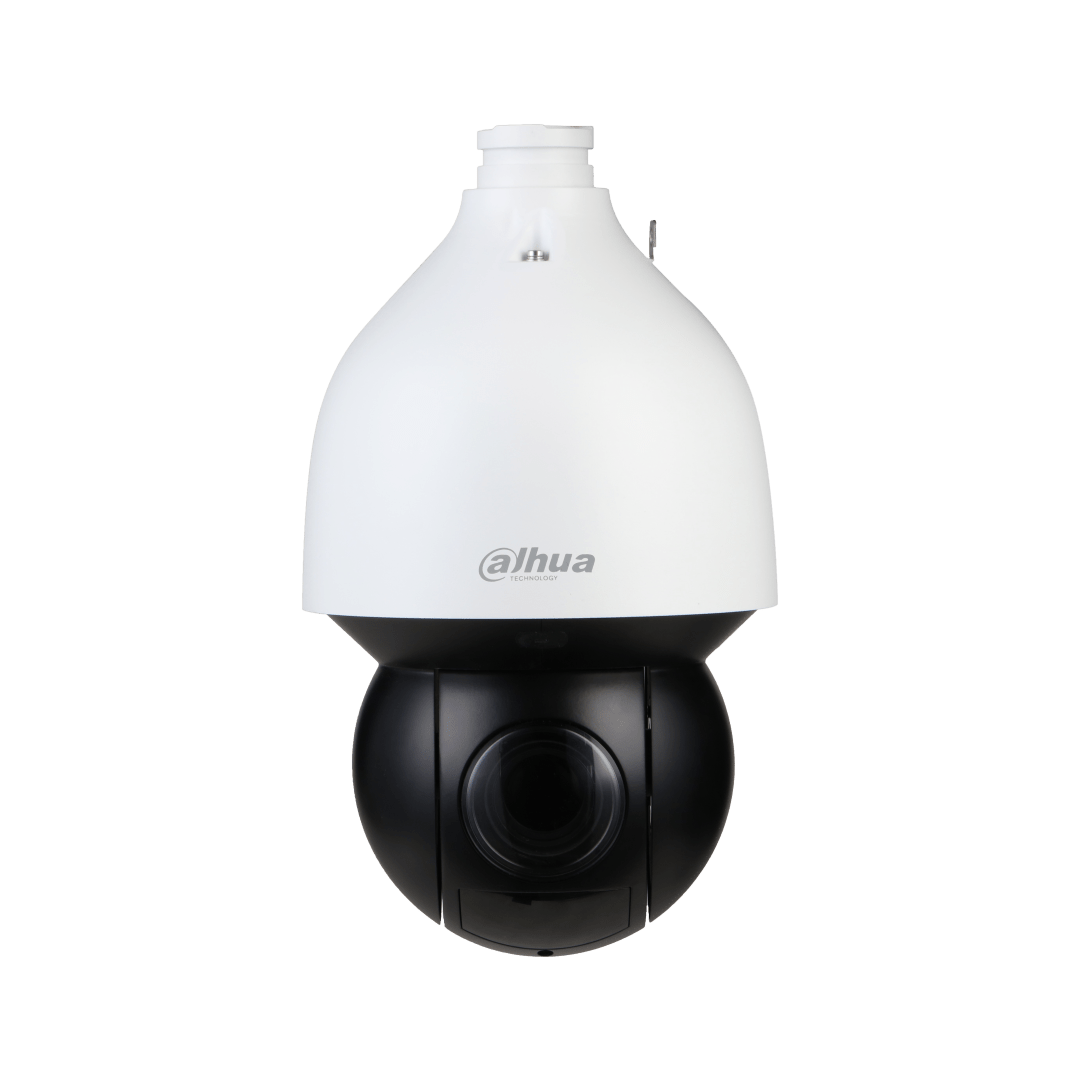 Dahua SD5A825GA-HNR 8MP PTZ-beveiligingscamera met witte behuizing, zwarte lensmodule en krachtige 25x optische zoom.