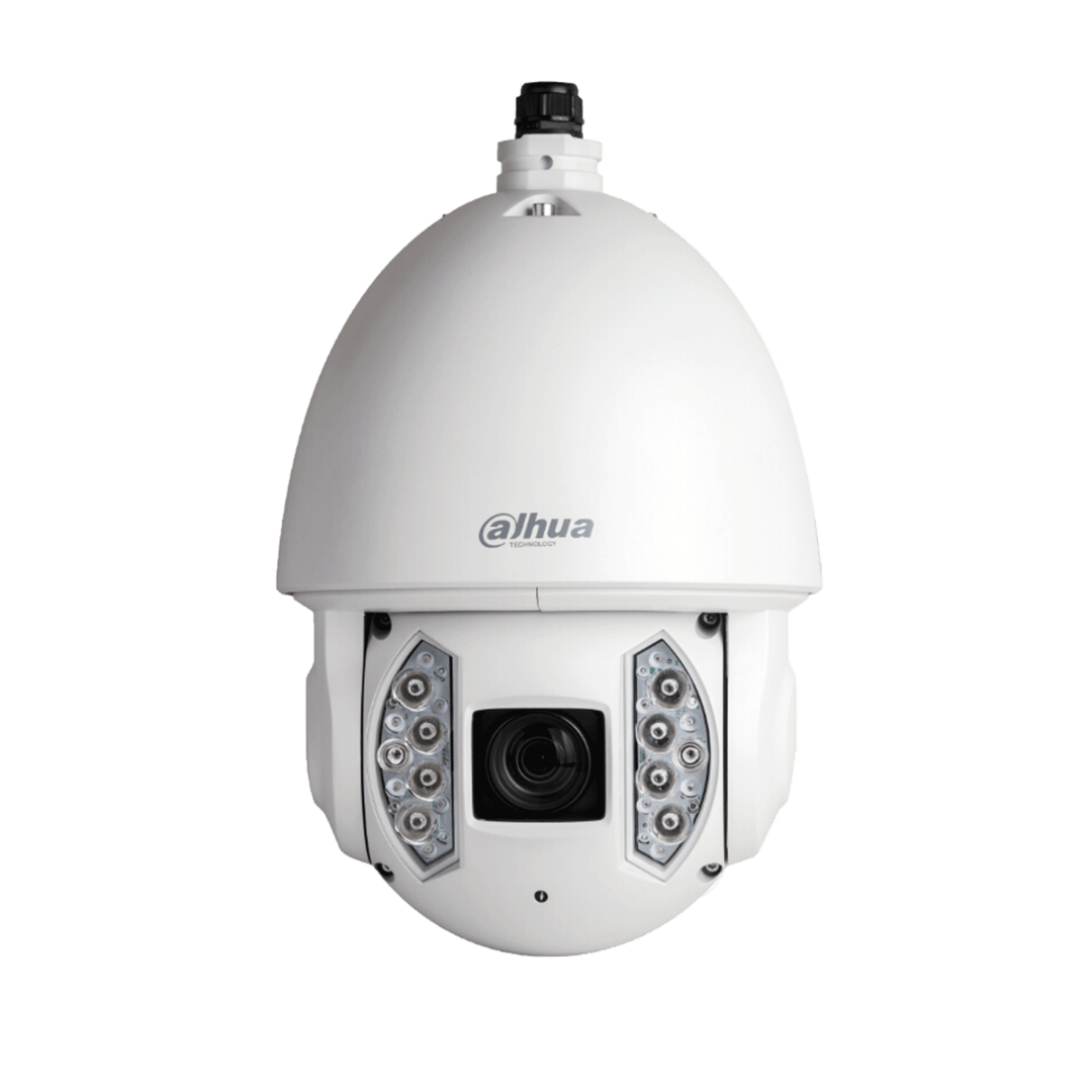 Witte Dahua PTZ-beveiligingscamera met 33x zoom, infraroodverlichting en robuuste koepelvormige behuizing.