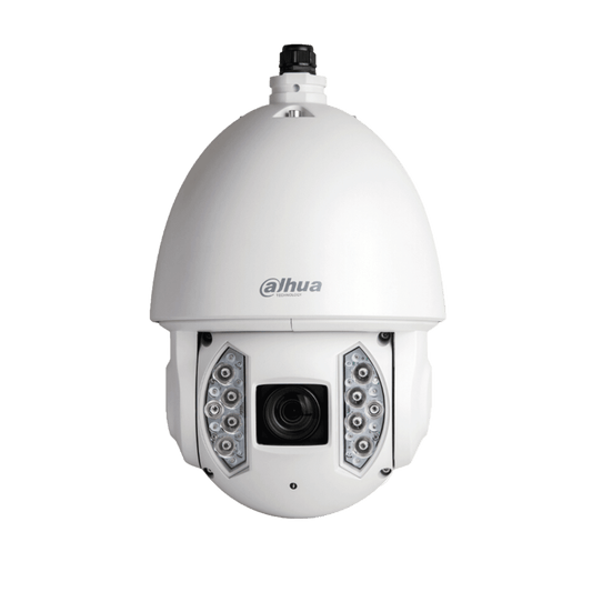Witte Dahua PTZ-beveiligingscamera met 33x zoom, infraroodverlichting en robuuste koepelvormige behuizing.