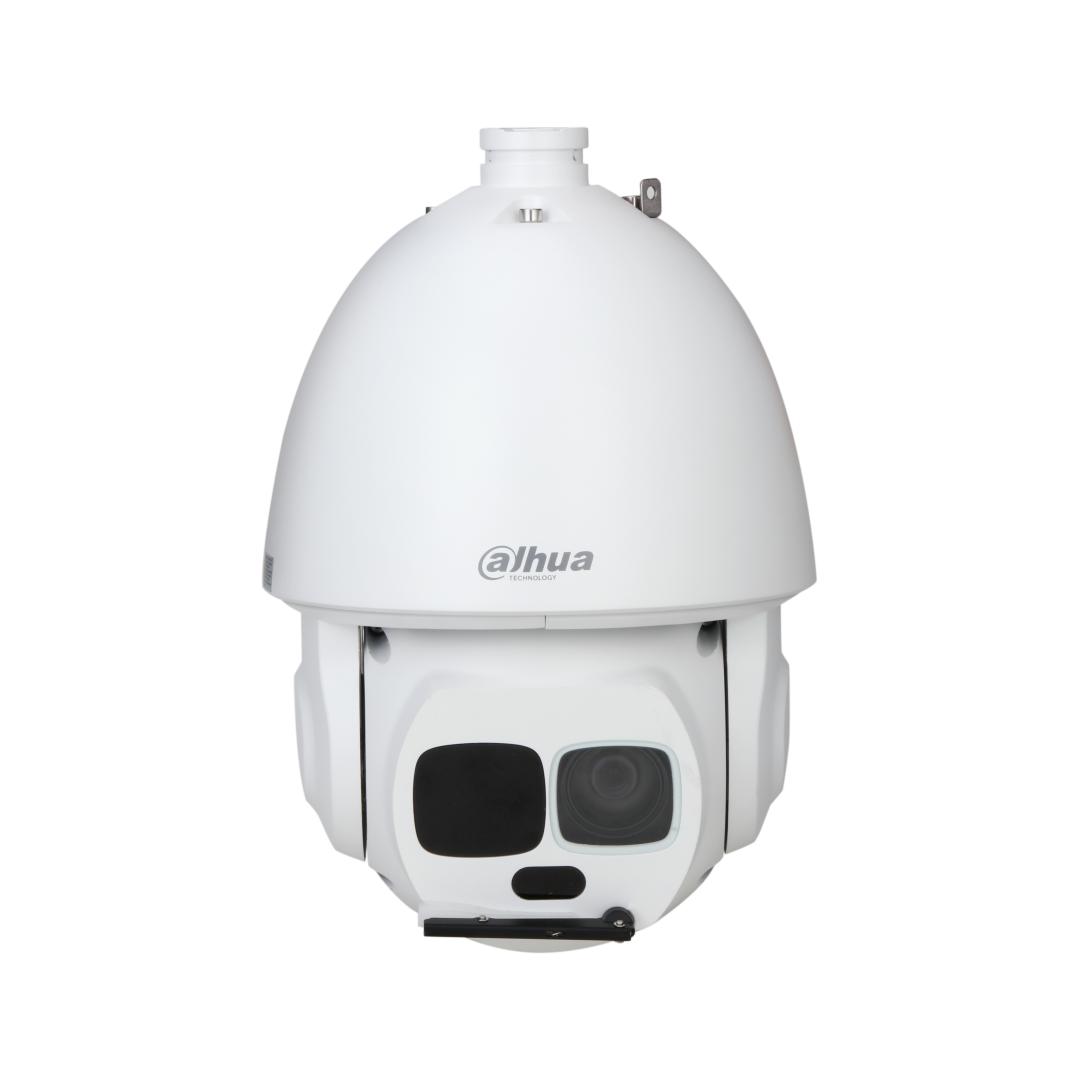Witte Dahua WizMind PTZ-beveiligingscamera met 45x zoomlens en infraroodverlichting voor buiten.