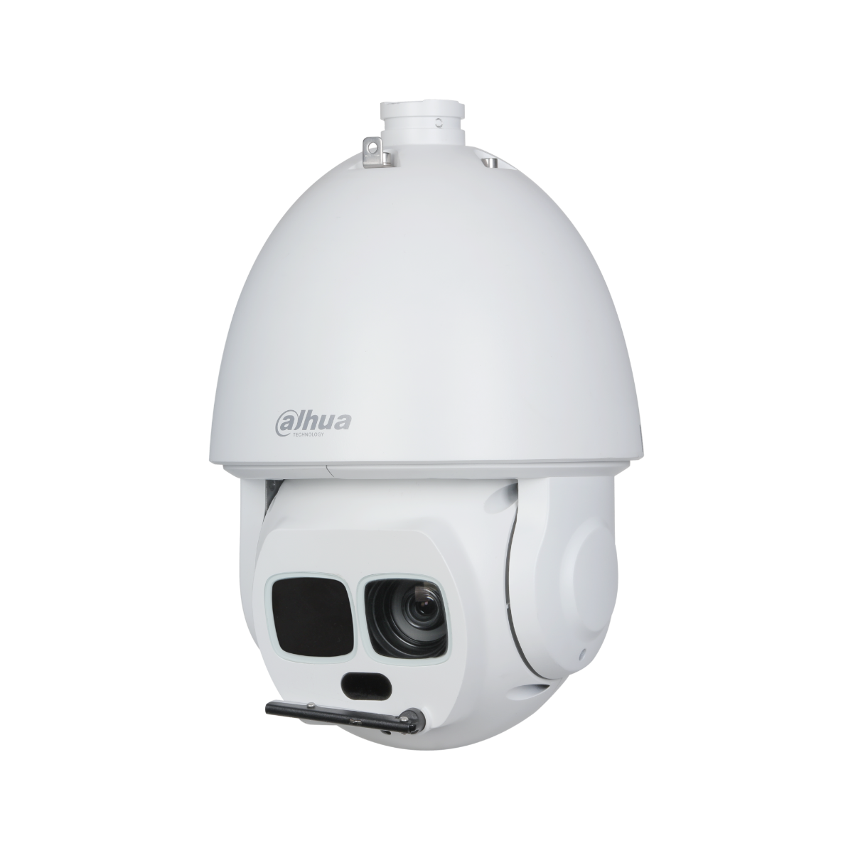 Witte Dahua WizMind PTZ-beveiligingscamera met 45x zoomlens en IR-verlichting tegen een witte achtergrond.