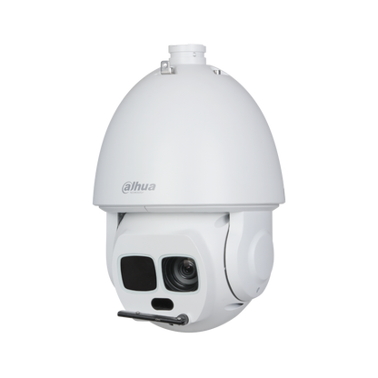 Witte Dahua WizMind PTZ-beveiligingscamera met 45x zoomlens en IR-verlichting tegen een witte achtergrond.