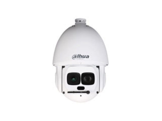Witte Dahua PTZ-beveiligingscamera met 45x optische zoom, IR-verlichting en robuuste koepelvormige behuizing voor buiten.