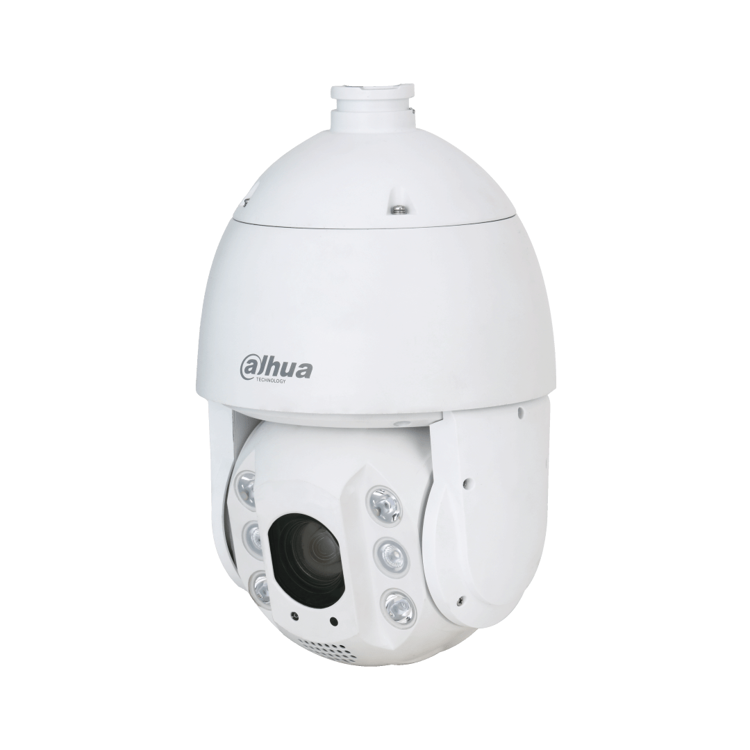 Witte Dahua PTZ-beveiligingscamera met 25x optische zoom, starlight-technologie en ingebouwde waarschuwingslichten.