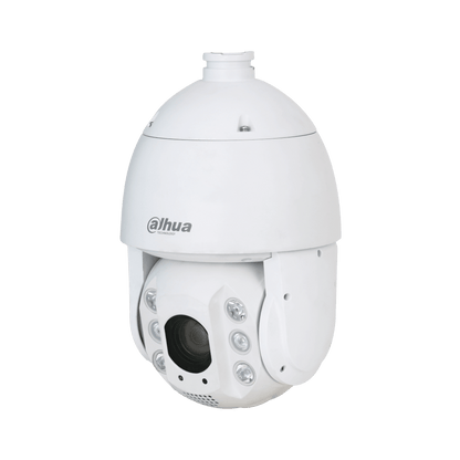 Witte Dahua PTZ-beveiligingscamera met 25x optische zoom, starlight-technologie en ingebouwde waarschuwingslichten.