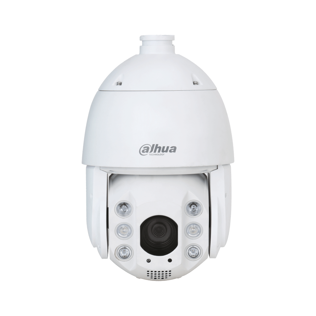Witte Dahua PTZ-beveiligingscamera met 25x zoom, starlight-technologie en ingebouwde infrarood- en waarschuwingslichten.