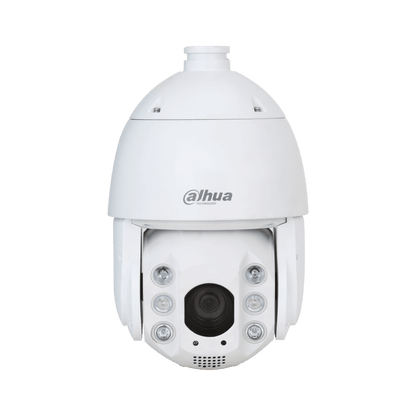 Witte Dahua PTZ-beveiligingscamera met 25x zoom, starlight-technologie en ingebouwde infrarood- en waarschuwingslichten.