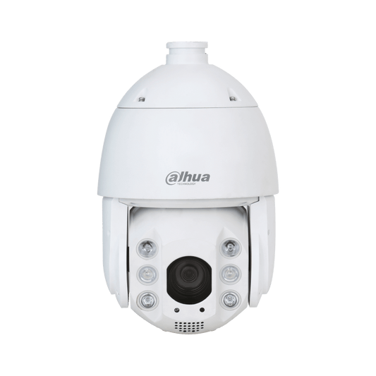 Witte Dahua PTZ-beveiligingscamera met 25x zoom, starlight-technologie en ingebouwde infrarood- en waarschuwingslichten.