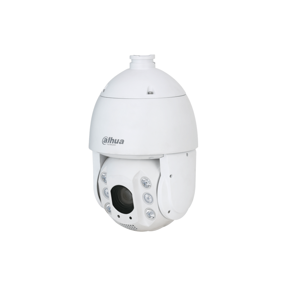 Witte Dahua PTZ-beveiligingscamera met 32x optische zoom, infraroodverlichting en waarschuwingslichten voor buiten.