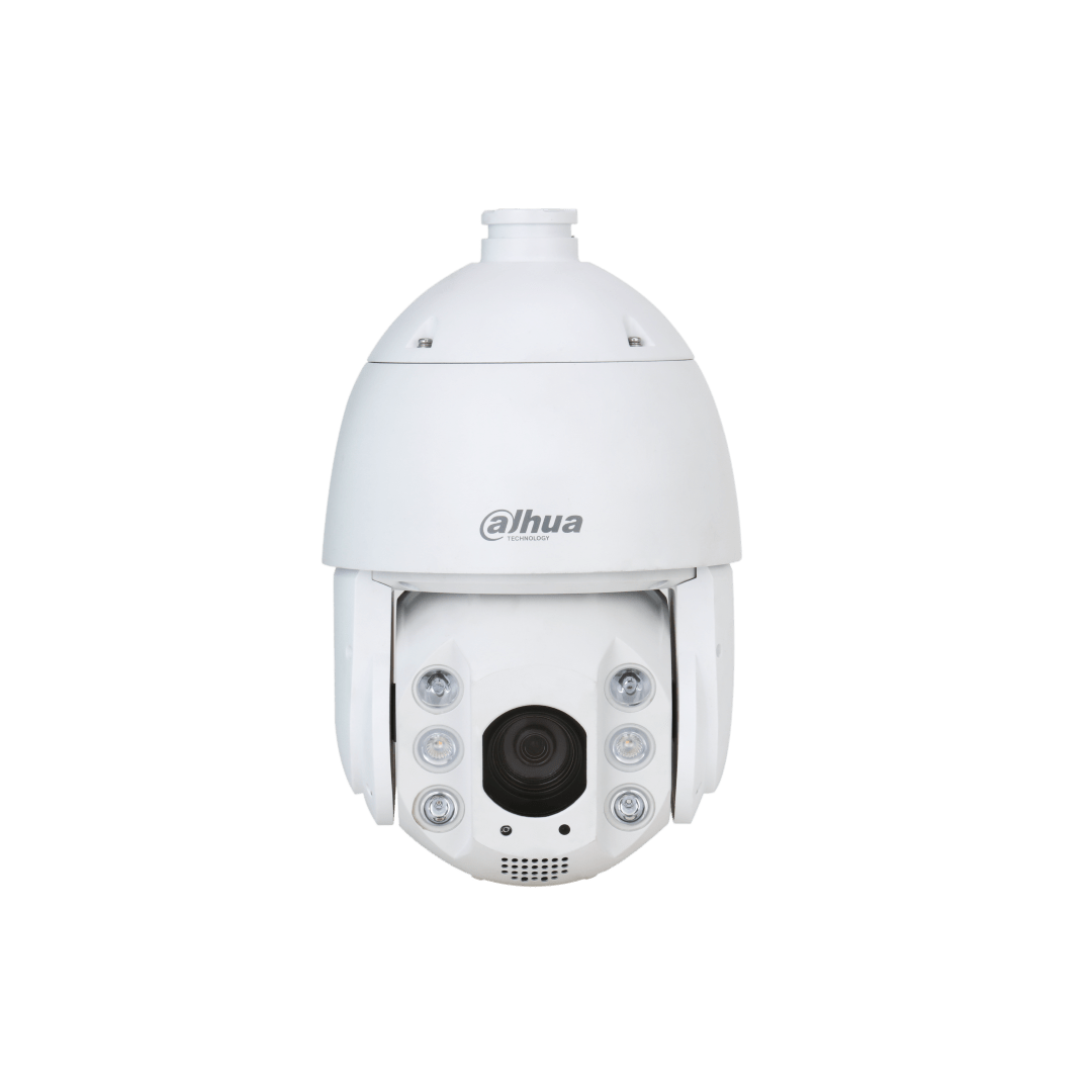 Witte Dahua PTZ-beveiligingscamera met 32x optische zoom, IR-verlichting en waarschuwingslichten voor buiten.