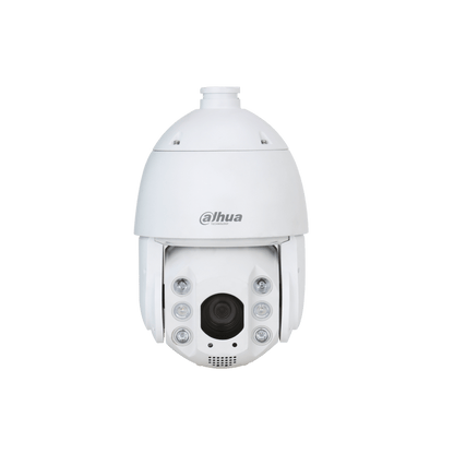 Witte Dahua PTZ-beveiligingscamera met 32x optische zoom, IR-verlichting en waarschuwingslichten voor buiten.