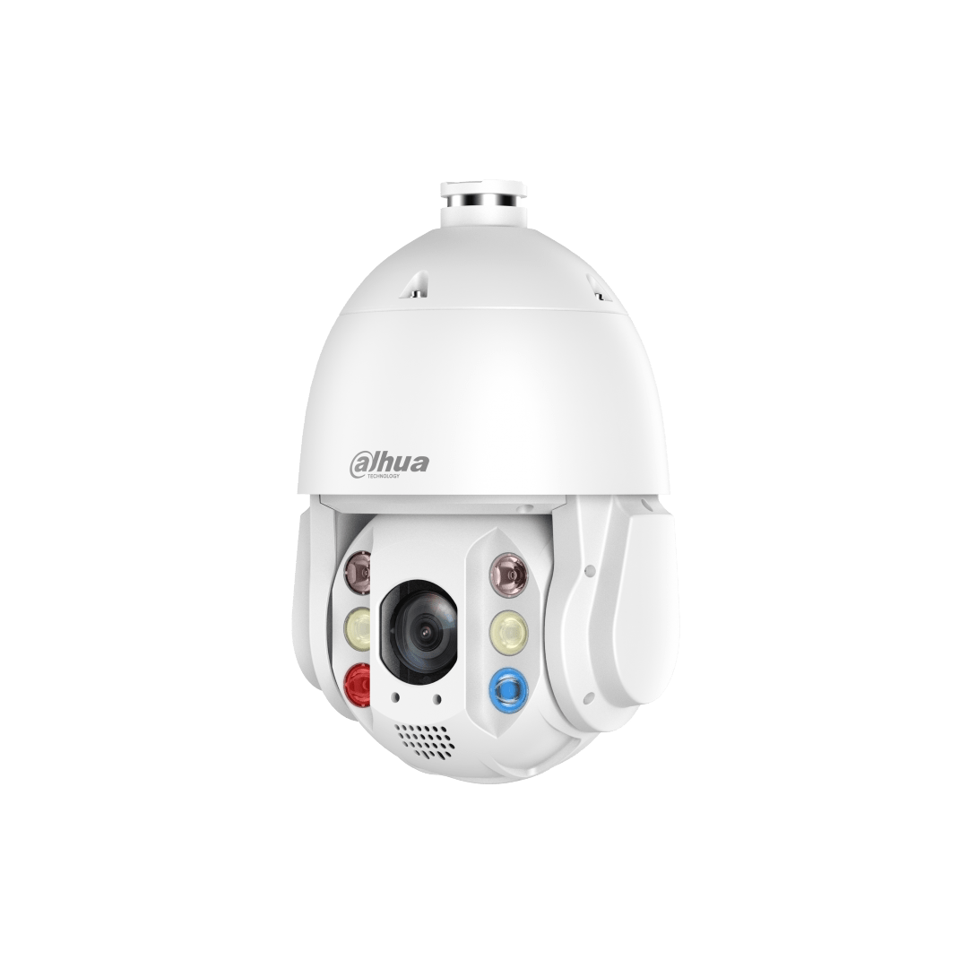 Witte Dahua TiOC PTZ-beveiligingscamera met 4MP lens, infrarood en actieve afschrikkingsverlichting.