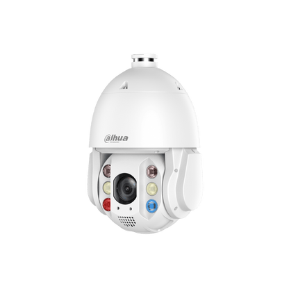 Witte Dahua TiOC PTZ-beveiligingscamera met 4MP lens, infrarood en actieve afschrikkingsverlichting.