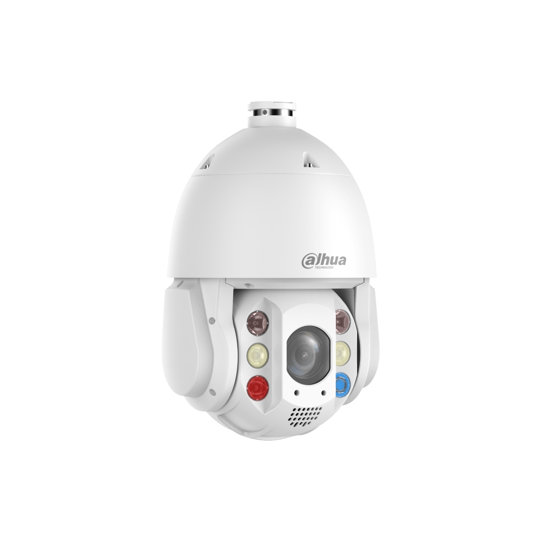 Witte Dahua TiOC PTZ-beveiligingscamera met 32x zoomlens, slimme dubbele verlichting en actieve afschrikkingsfuncties.