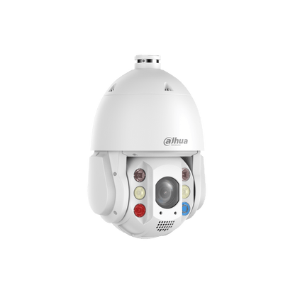 Witte Dahua TiOC PTZ-beveiligingscamera met 32x zoomlens, slimme dubbele verlichting en actieve afschrikkingsfuncties.