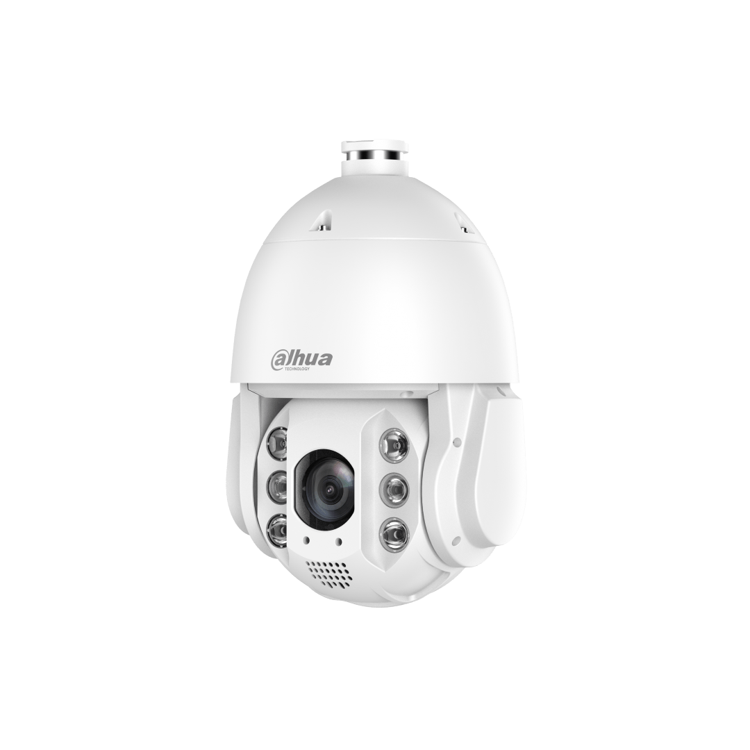 Witte Dahua TiOC PTZ-beveiligingscamera met 4MP lens, infraroodverlichting en robuust koepelontwerp voor buiten.