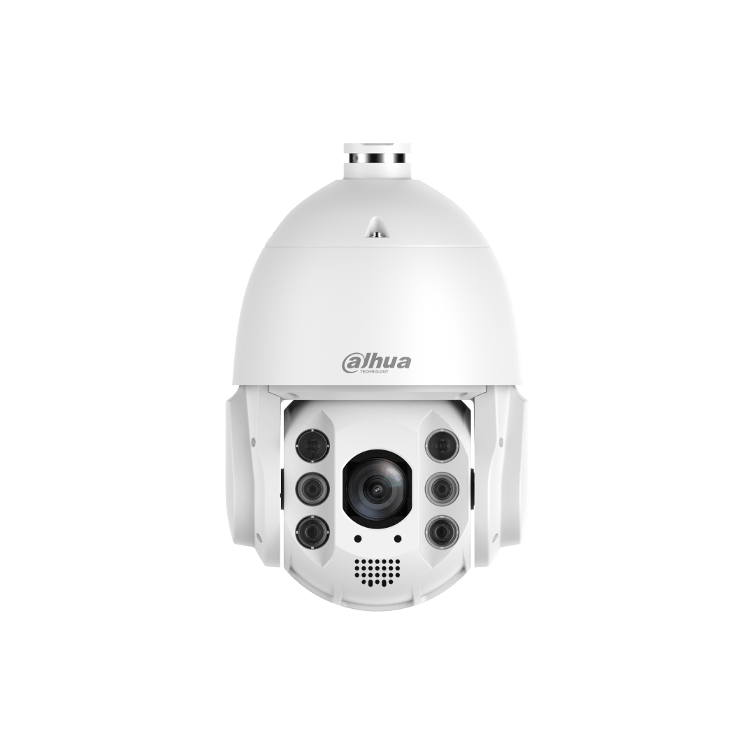 Witte Dahua TiOC PTZ-beveiligingscamera met 32x zoom, IR-verlichting en AI-functies in een robuuste koepelvormige behuizing.