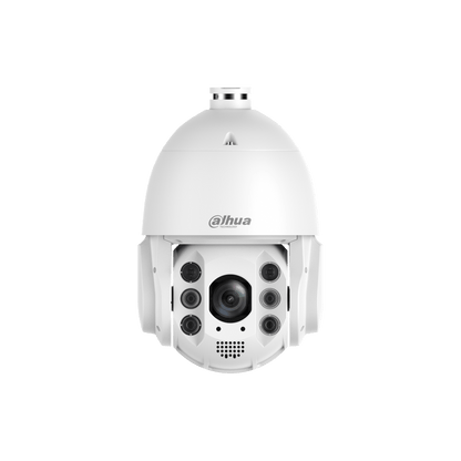 Witte Dahua TiOC PTZ-beveiligingscamera met 32x zoom, IR-verlichting en AI-functies in een robuuste koepelvormige behuizing.