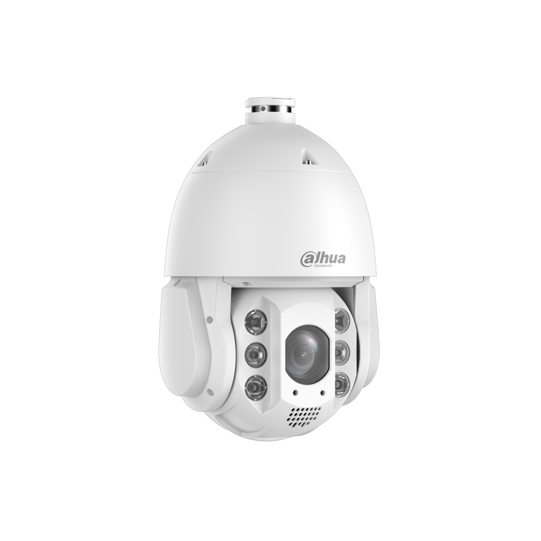 Witte Dahua TiOC PTZ-beveiligingscamera met 32x zoomlens, infraroodverlichting en luidspreker voor actieve afschrikking.