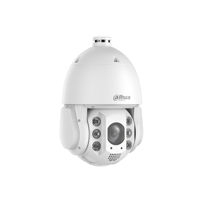 Witte Dahua TiOC PTZ-beveiligingscamera met 32x zoomlens, infraroodverlichting en luidspreker voor actieve afschrikking.