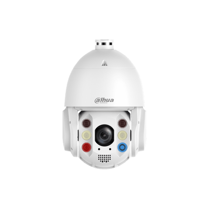 Witte Dahua TiOC PTZ-beveiligingscamera met 32x optische zoom, slimme dubbele verlichting en actieve afschrikkingslenzen.