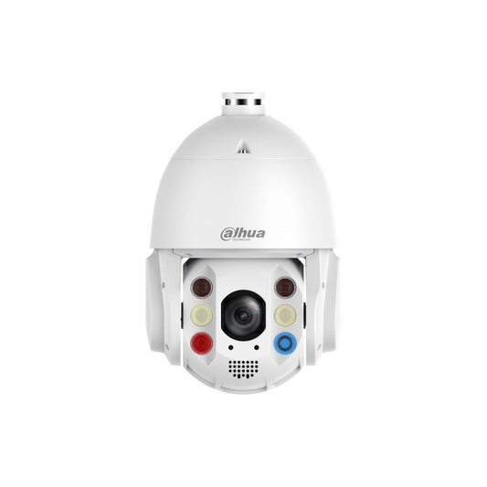 Witte Dahua TiOC PTZ-beveiligingscamera met 32x optische zoom, slimme dubbele verlichting en actieve afschrikkingslenzen.