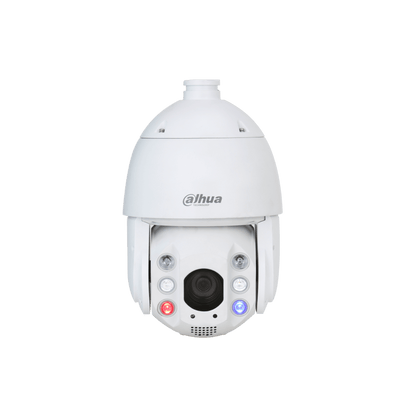 Witte Dahua PTZ-beveiligingscamera met 25x zoomlens, IR-verlichting en rode en blauwe waarschuwingslichten.