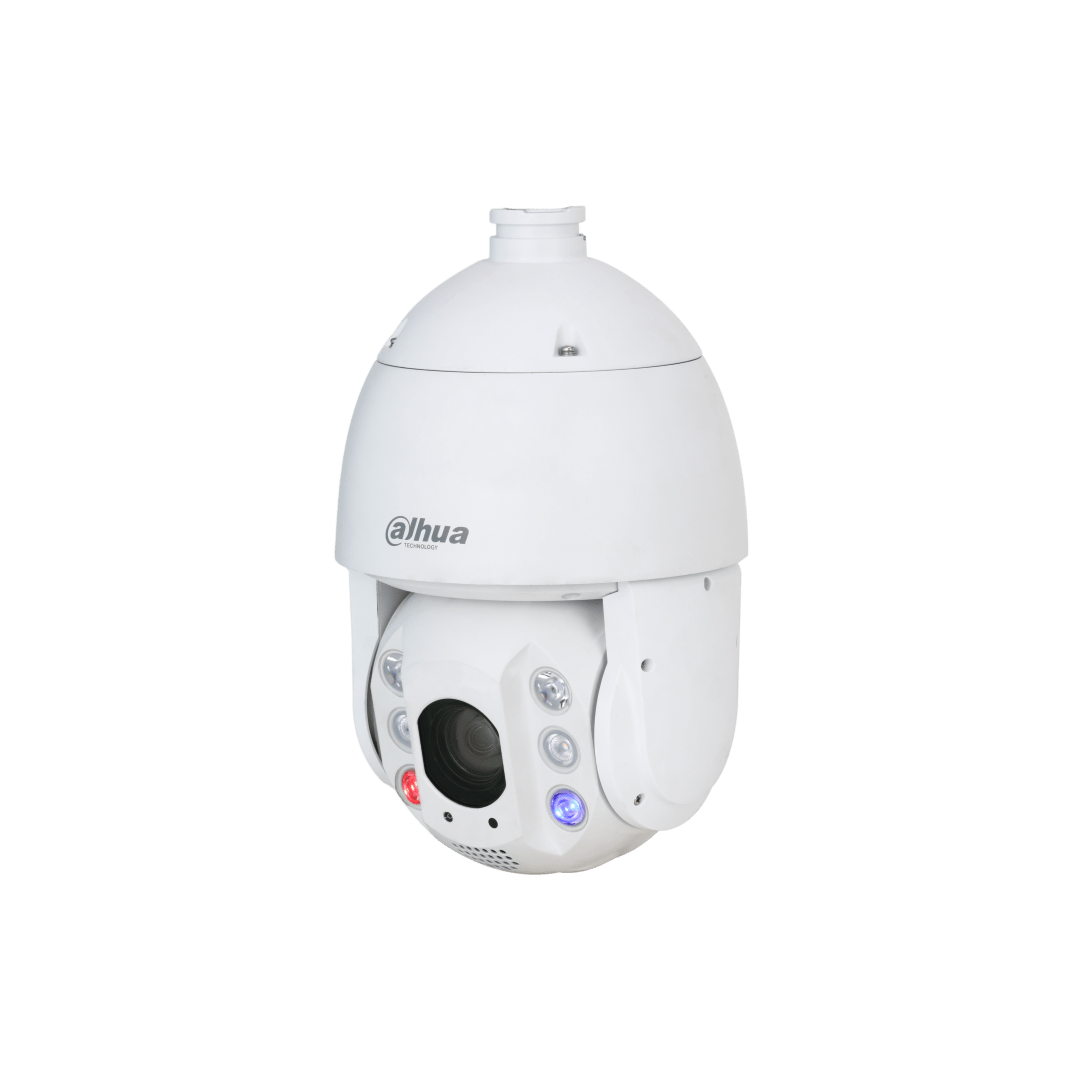 Witte Dahua PTZ-beveiligingscamera met 8MP lens, IR-verlichting en rode en blauwe waarschuwingslichten.