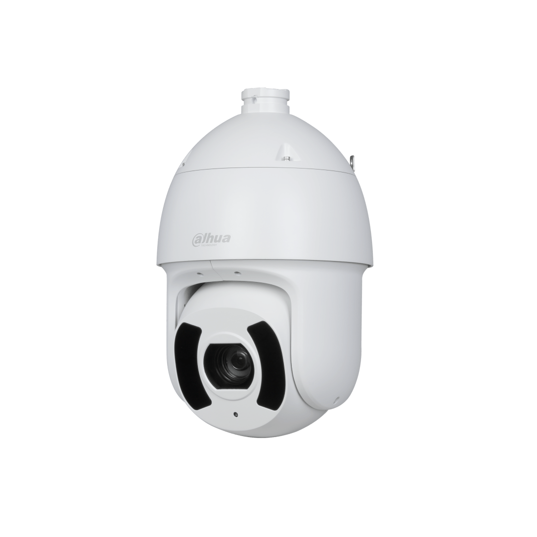 Witte Dahua PTZ-beveiligingscamera met 45x optische zoom, robuuste koepelvorm en geïntegreerde lens voor buitenbewaking.