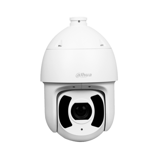 Witte Dahua Pro AI PTZ-beveiligingscamera met 45x optische zoom en robuuste IP67-behuizing tegen een witte achtergrond.