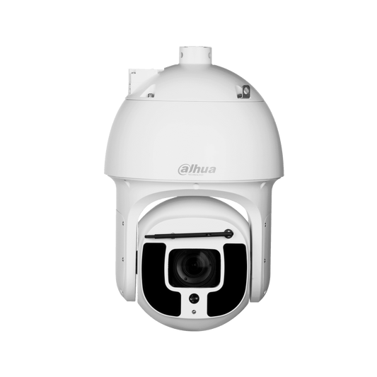 Witte Dahua WizMind PTZ-beveiligingscamera met 40x zoomlens, slimme ruitenwisser en robuuste koepelvormige behuizing.