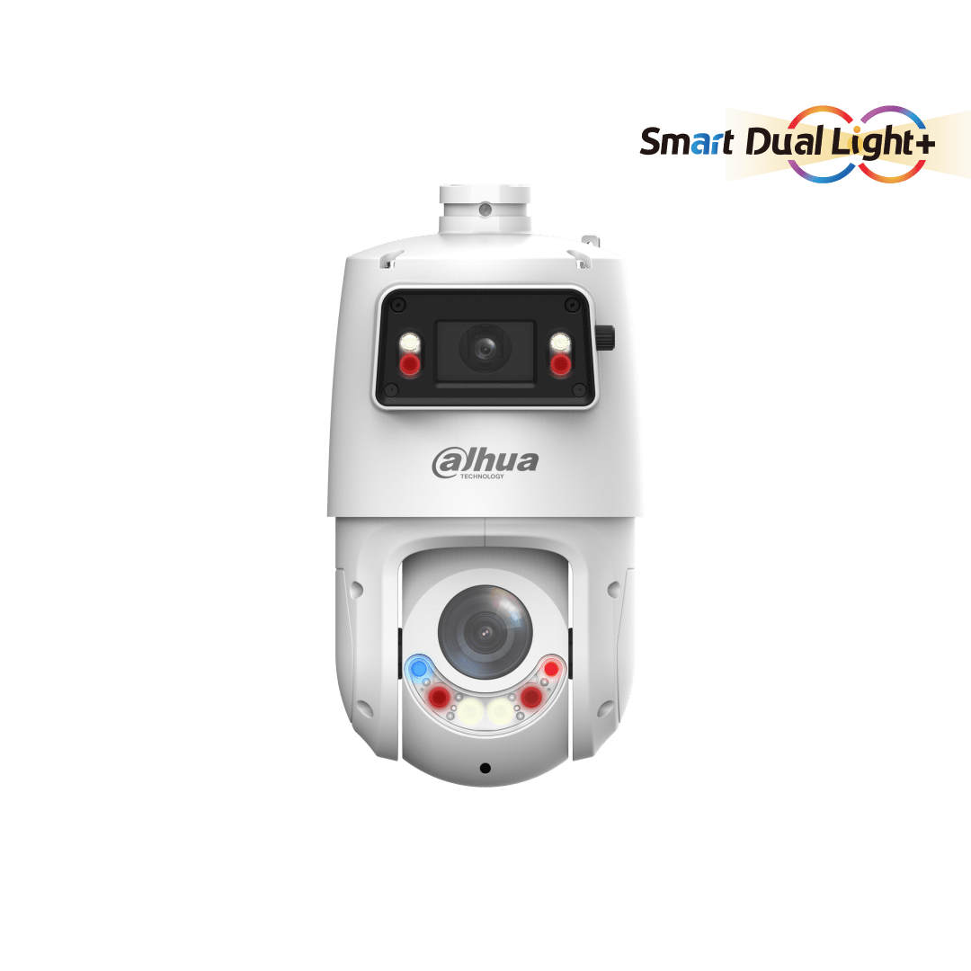 Witte Dahua X-Spans PTZ-beveiligingscamera met dubbele lens, Smart Dual Light en actieve afschrikking.