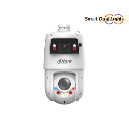 Witte Dahua X-Spans PTZ-beveiligingscamera met dubbele lens, Smart Dual Light en actieve afschrikking.