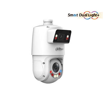 Witte Dahua X-Spans PTZ-beveiligingscamera met dubbele lens, Smart Dual Light en actieve afschrikkingsverlichting.