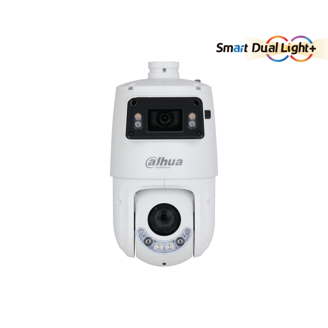 Witte Dahua X-Spans PTZ-beveiligingscamera met dubbele lens, Smart Dual Light en panoramische detailweergave.