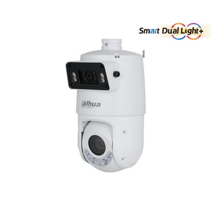 Witte Dahua X-Spans PTZ-beveiligingscamera met dubbele lens, Smart Dual Light en panoramische detailfunctie.