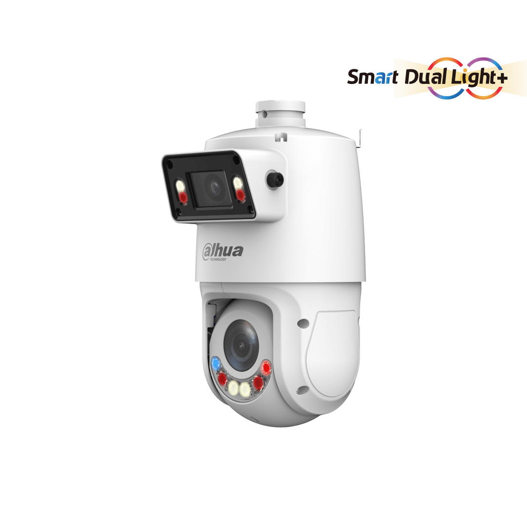 Witte Dahua X-Spans PTZ-beveiligingscamera met dubbele lens, Smart Dual Light en actieve afschrikking op een witte achtergrond.